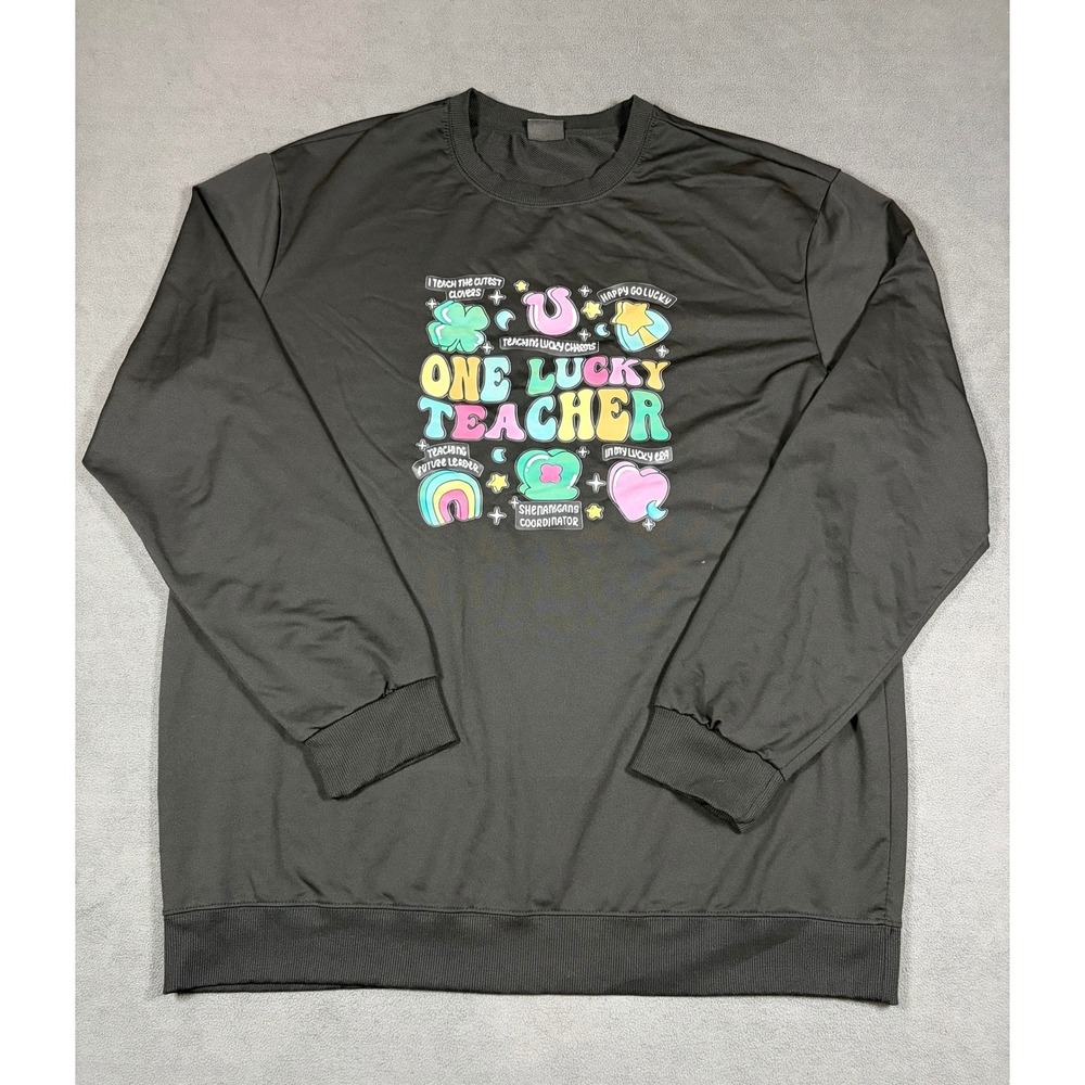AR Sweatshirt Womens 2XL Black One Lucky Teacher Graphic Long Sleeve Pullover
